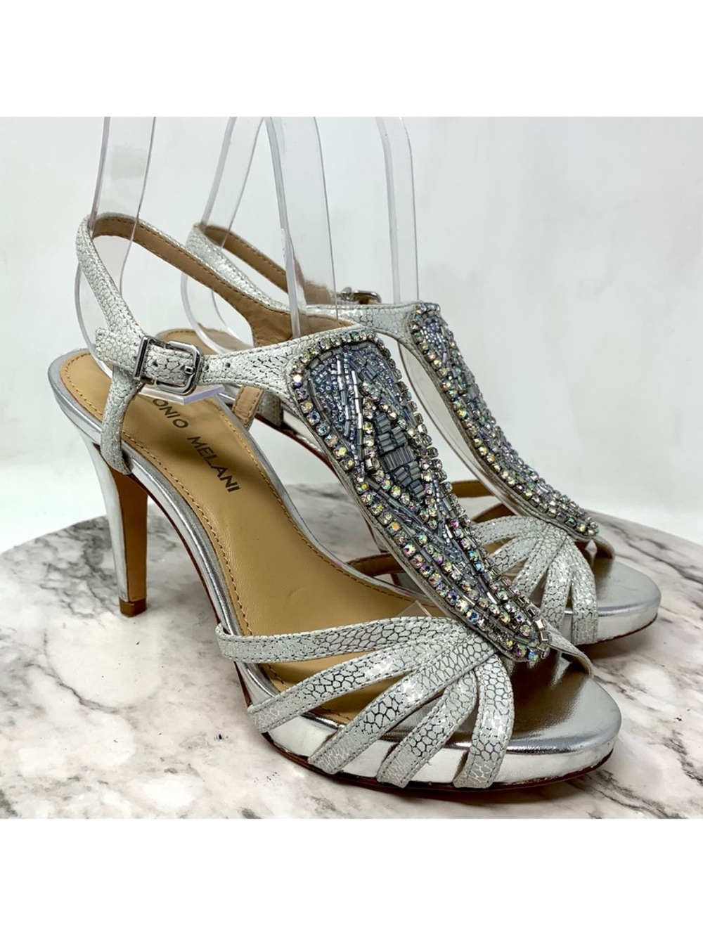 Antonio Melani Nadelle Silver Embellished Sandal Pumps 6.5 Formal Evening